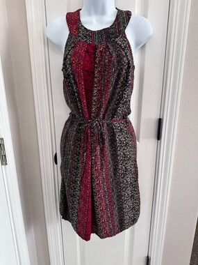 Sleeveless Midi Dress in Burgundy and Black - Casual Tie-Waist